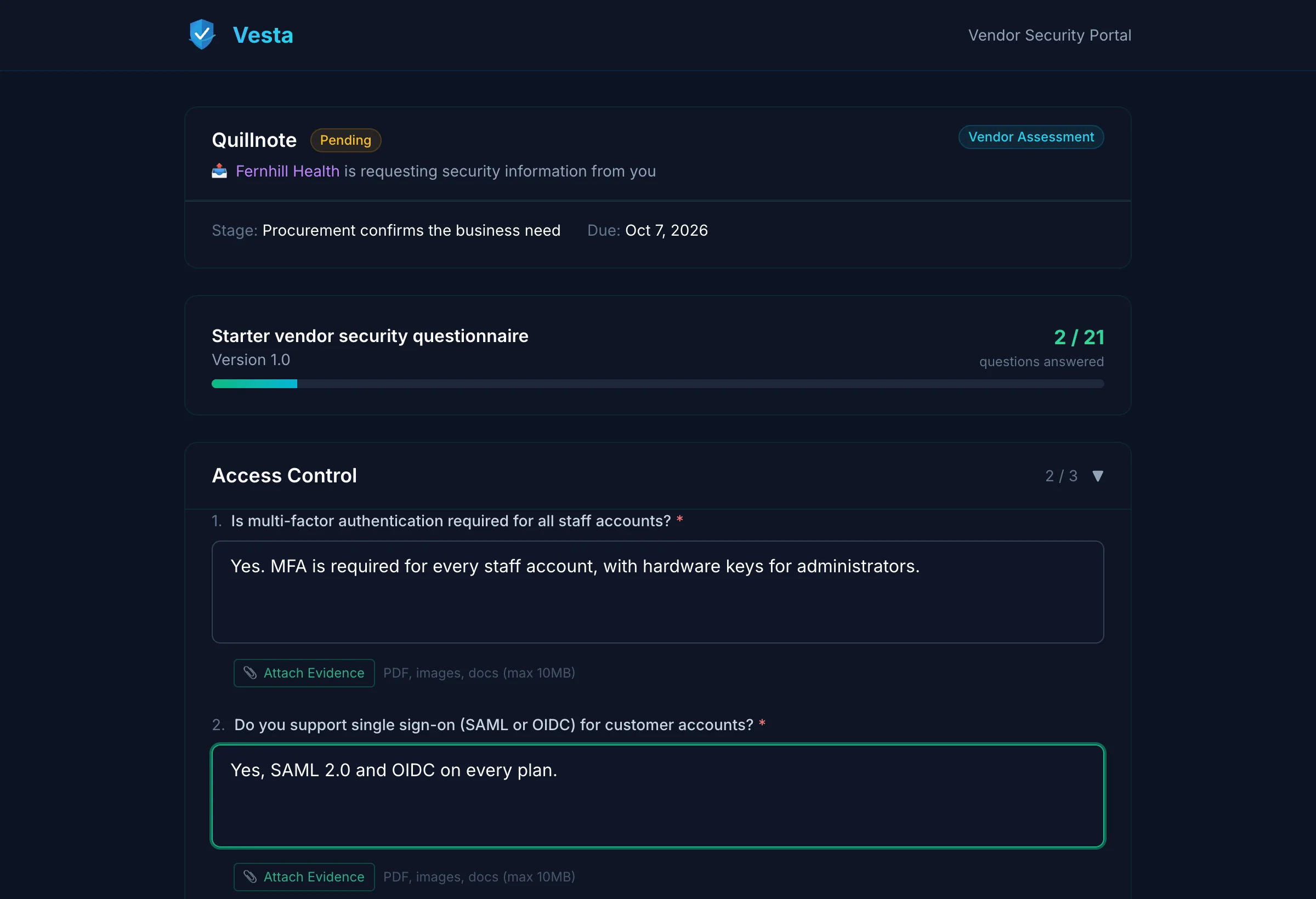 The vendor's view of the link: a security question answered, with an Attach Evidence button for documents.